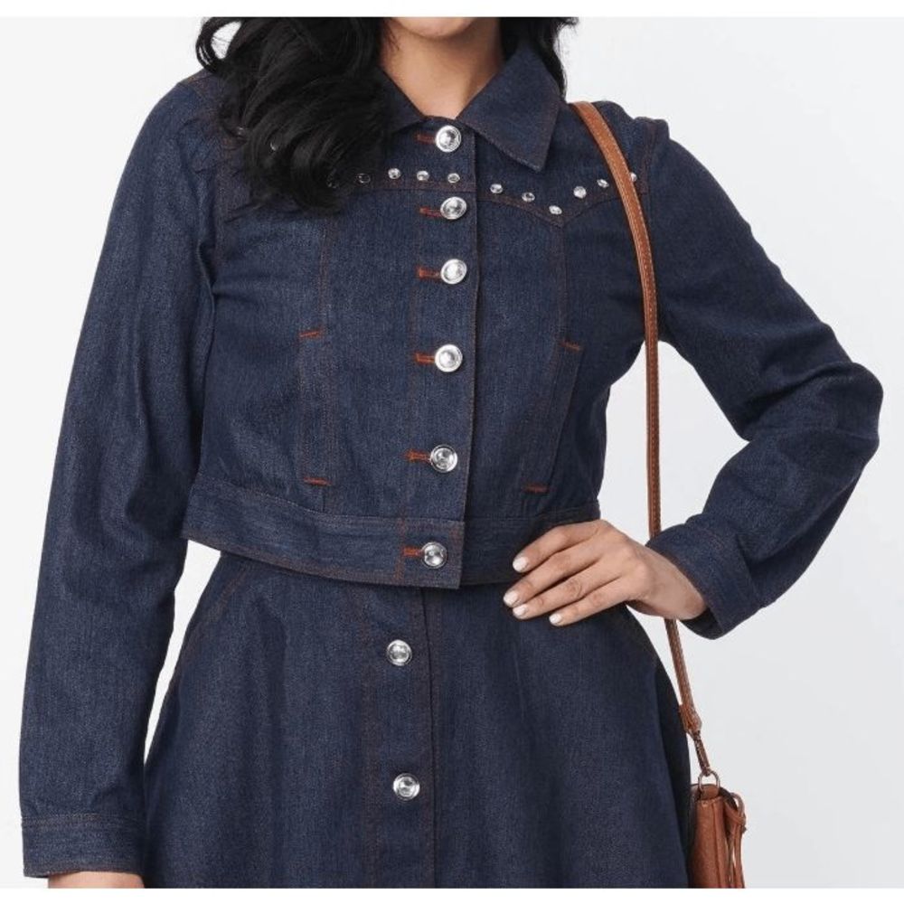 Unique Vintage Dark Indigo Denim Cropped Jean Jacket with Stud Details